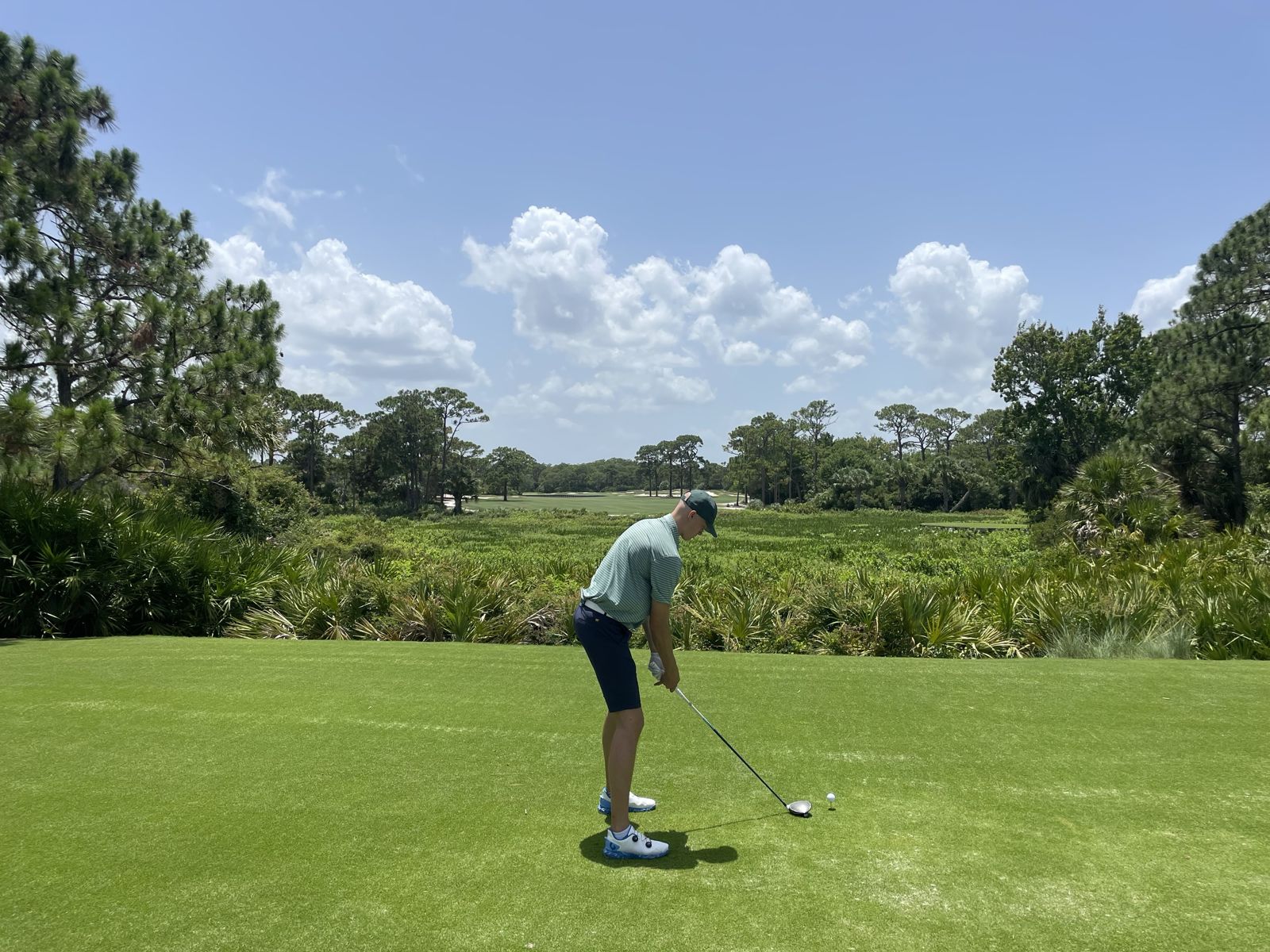 Cole addressing a drive on a tee box framed by pines and palmettos at the Bear's Club